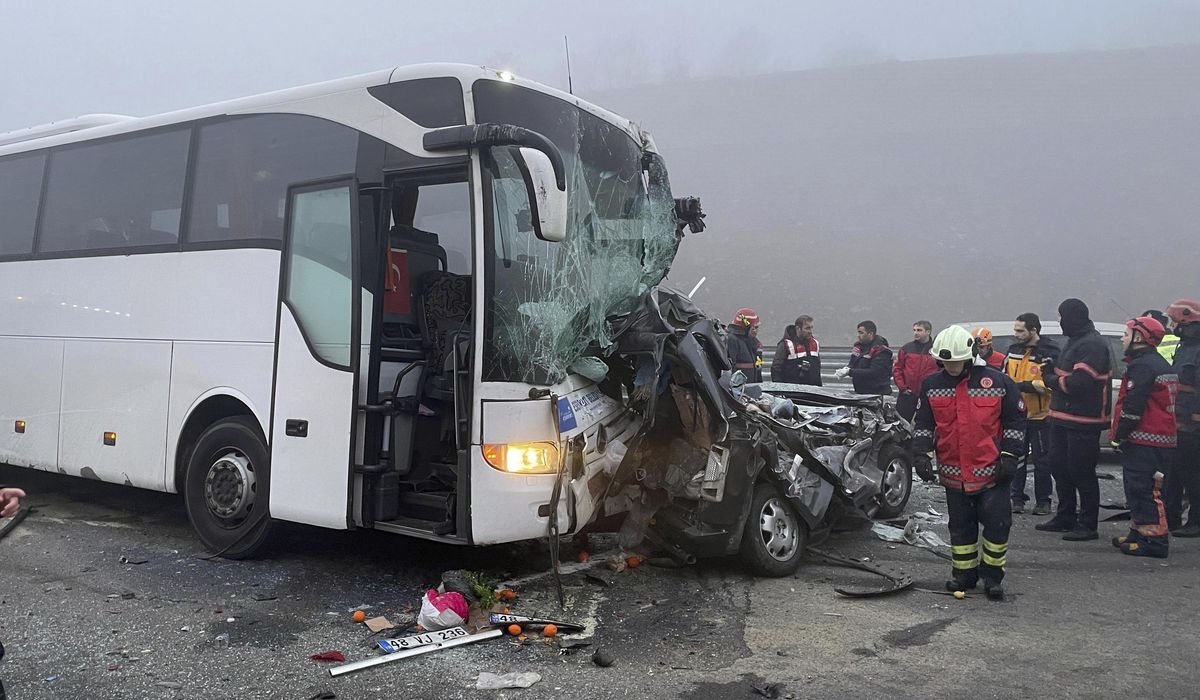 Chain-reaction collision in dense fog on Turkish motorway leaves at least 10 people dead, 57 injured